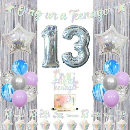 Iridescent 13th Birthday Decorations Girl, Omg Ur A Teenager 13 Banner Cupcake Cake Topper Silver Fringe Curtains Star Foil Balloons for 13 Years Old Birthday Party Supplies