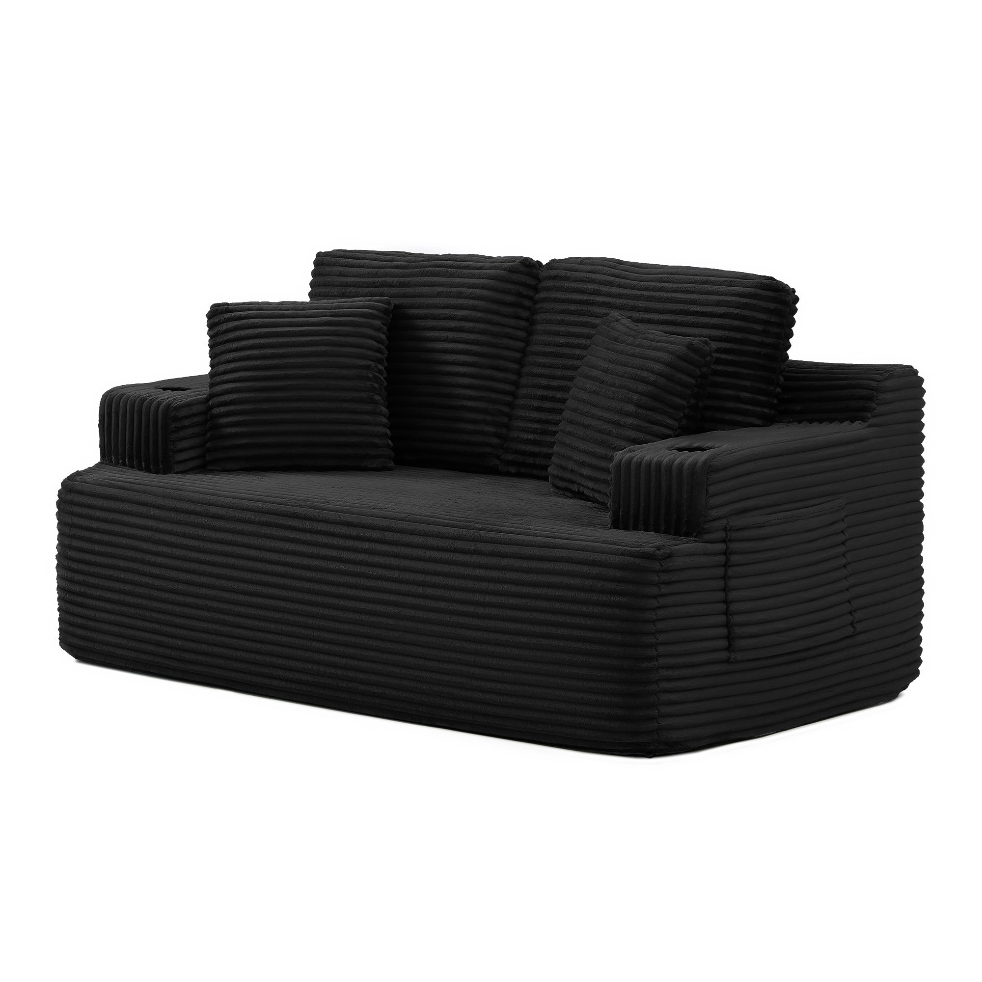 Boneless Loveseat, 2-Seater Floor Couch with Cup Holders and Side Pockets, Corduroy Fabric No Assembly Sofa for Small Space or Apartment, 66.5 Inch, Black