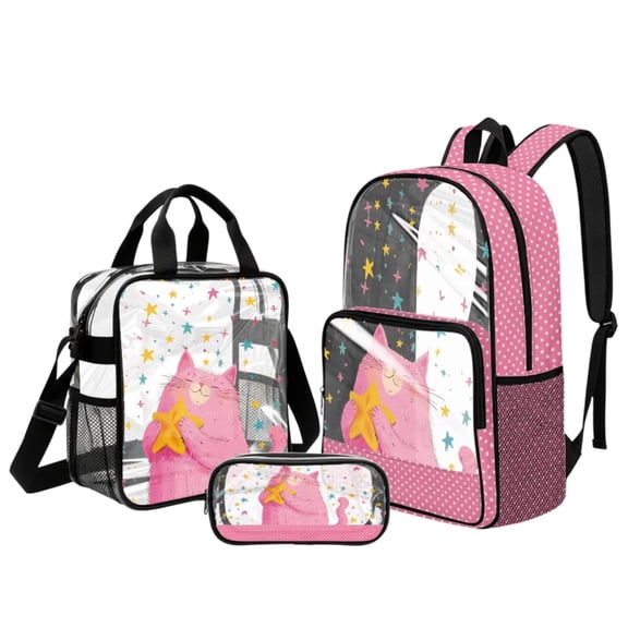 Kuiaobaty Cat Stars Print Clear Backpack and Pencil Case for Girls 8-12 Polka Dot Print Backpack and Lunch Bag with Bottle Holder Heavy Duty Clear Bookbag with Lunch Box for School
