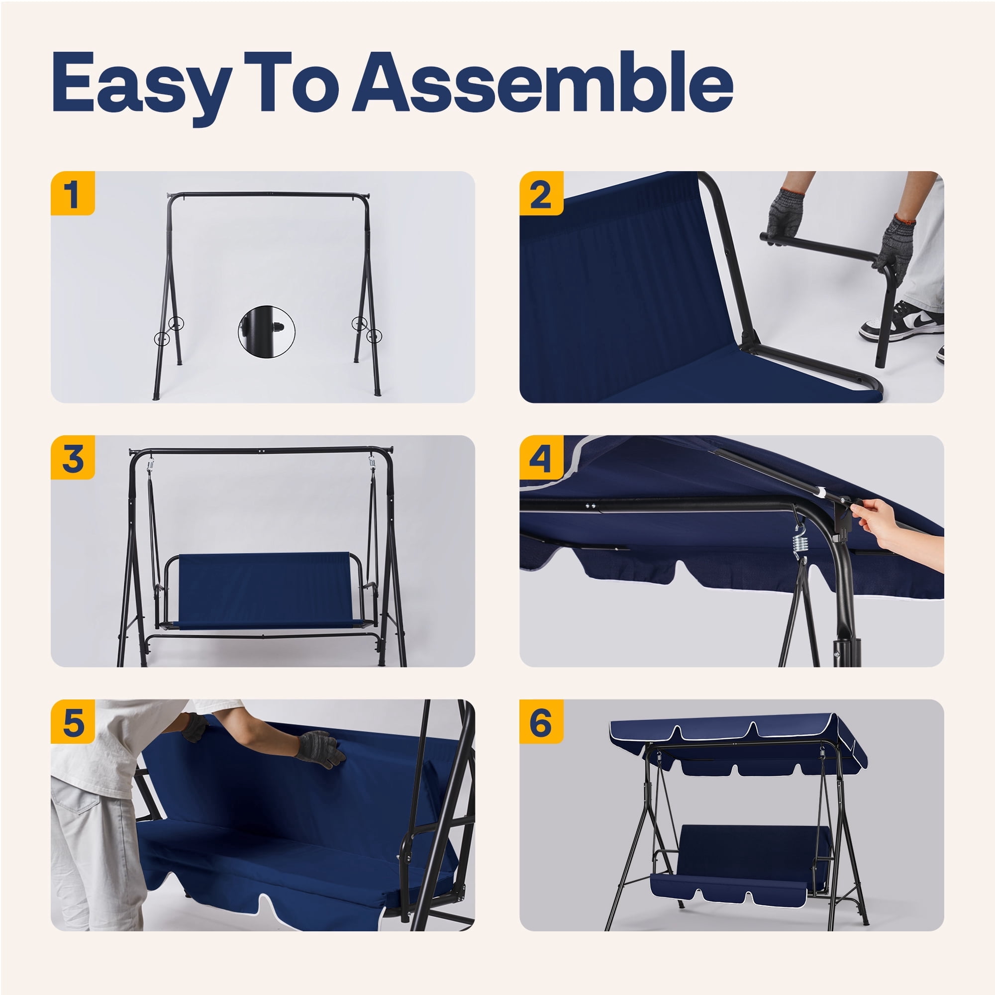 SPECSTAR 3 Seats Patio Porch Swing Chair, Converting Canopy,Removable Cushion,Cushioned Steel Frame Porch Canopy Swing Chair for Patio Garden,Blue