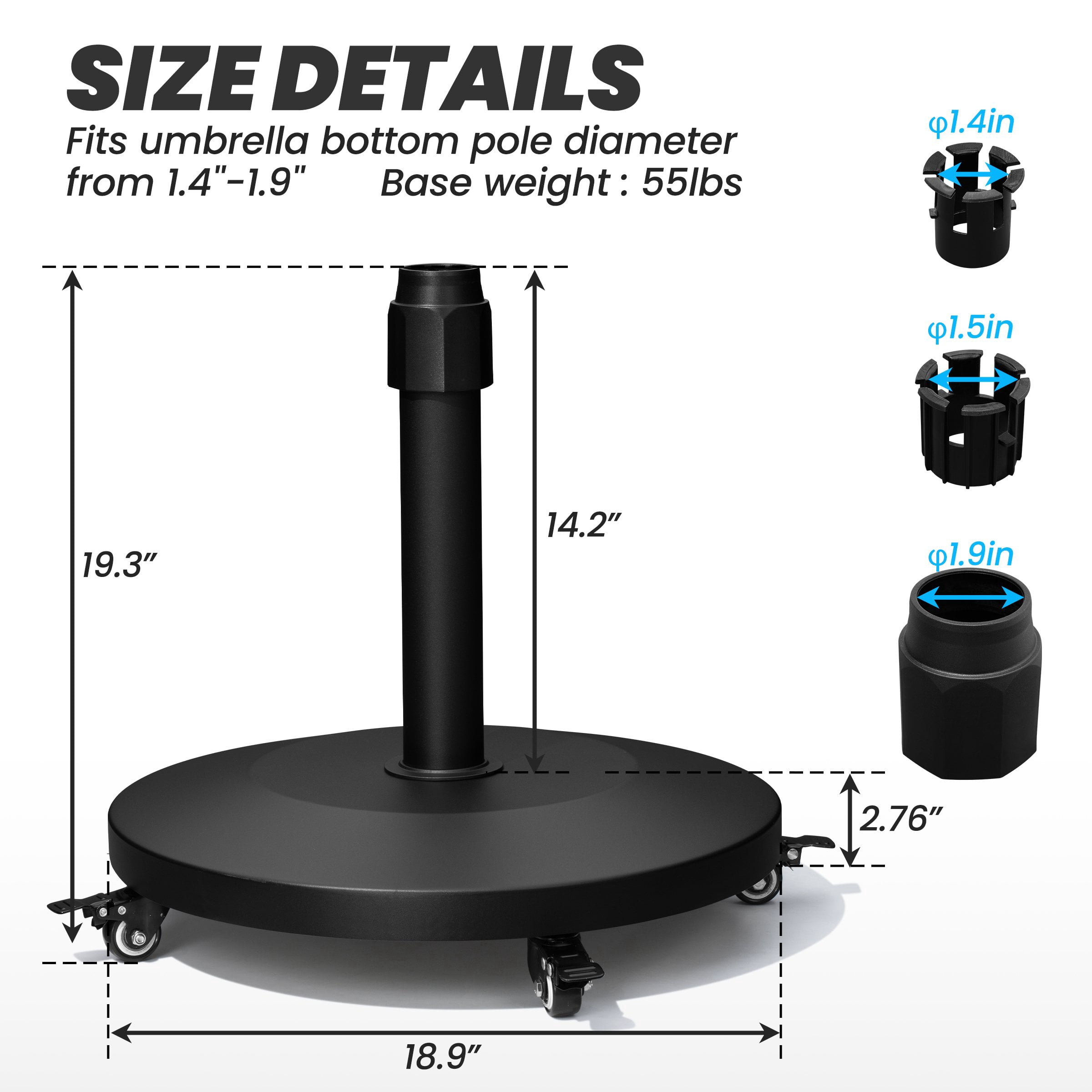 Crestlive Products 55 lbs Round Heavy Duty Concrete Patio Umbrella Base with 4 Wheels, Black