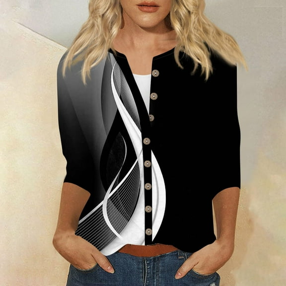 Bovemsi Summer Women's Fashion Printed Seven Quarter Sleeve T Shirt, Black Women's Summer Short Sleeve T-Shirts, M