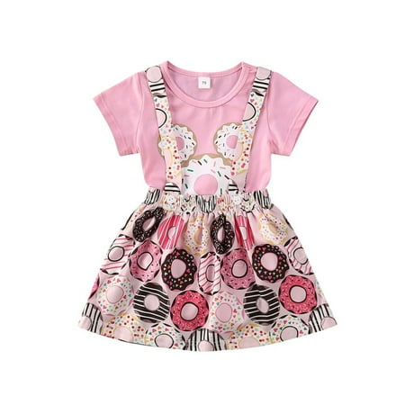 

Summer Newborn Baby Girls Romper Top Donuts Printed Overall Skirts Outfit Set