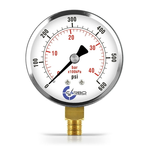 CARBO Instruments 2- 1/2" Pressure Gauge, Chrome Plated Steel Case, Dry, 0-600 psi/kPa, Lower Mount 1/4" NPT
