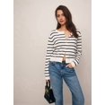 thumbnail image 6 of Women Crew Neck Drop Shoulder Button Down Cropped Knit Cardigan Black & White S, 6 of 7