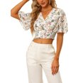 thumbnail image 1 of Unique Bargains Hauts Courts Smockés à Manches Courtes Évasées à Fleurs pour Femmes Blanc S, 1 of 6