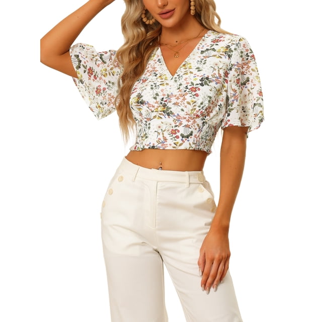 Unique Bargains Hauts Courts Smockés à Manches Courtes Évasées à Fleurs pour Femmes Blanc S
