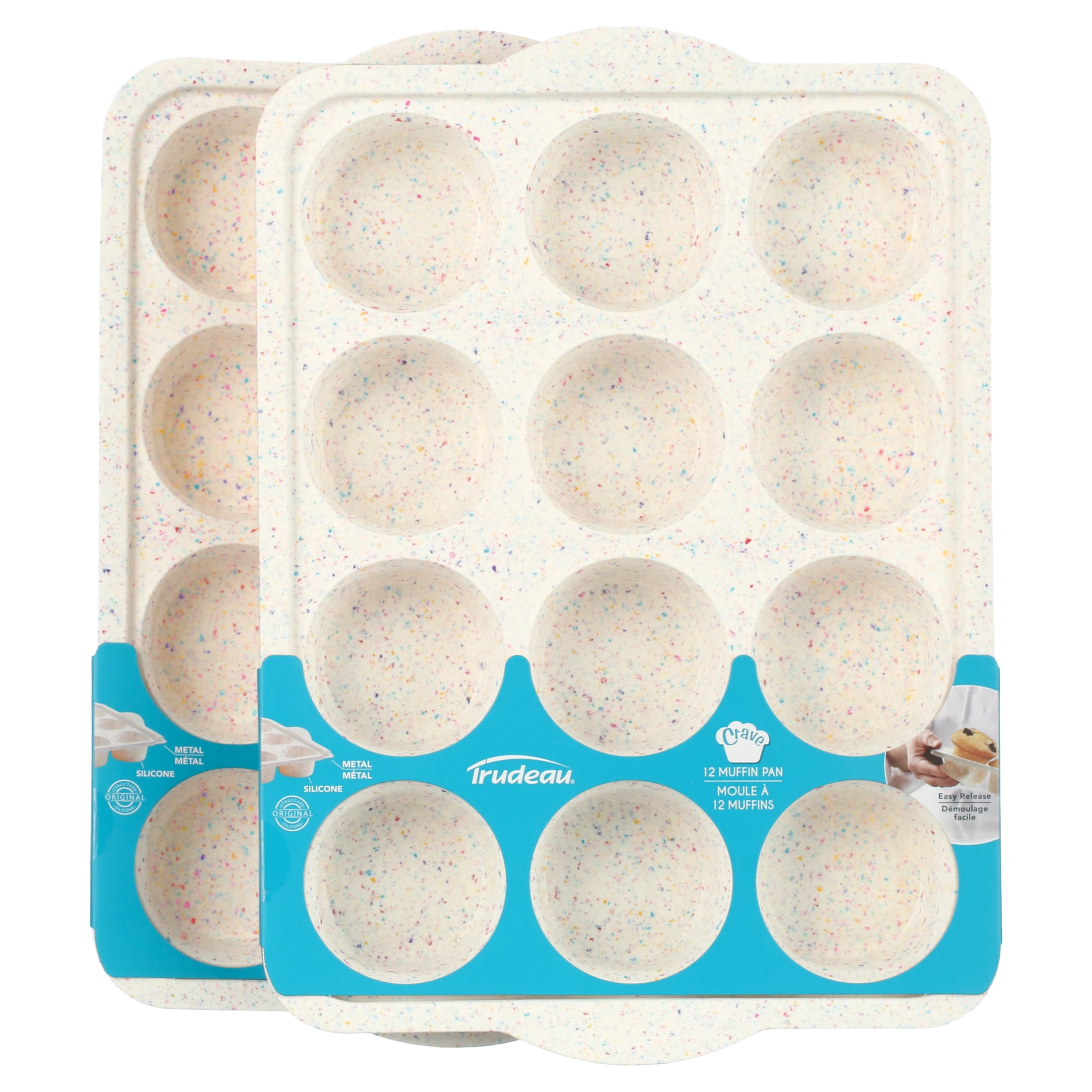 (4 pack) Trudeau Silicone 12 Count Muffin Pan, 2 Pack, 2.75 in Diameter, Granite, Dishwasher Safe, Easy Release