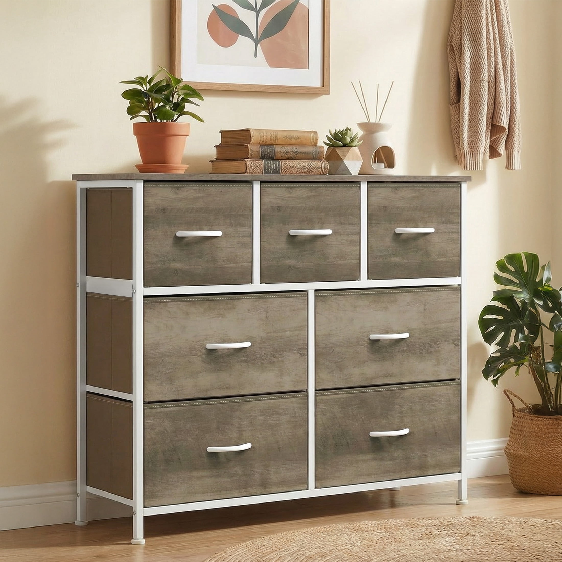 edx 7 Drawers Fabric Dresser for Bedroom, Drawer Organizer Storage Cabinet for Closet, Clothes, TV Stand, Oak