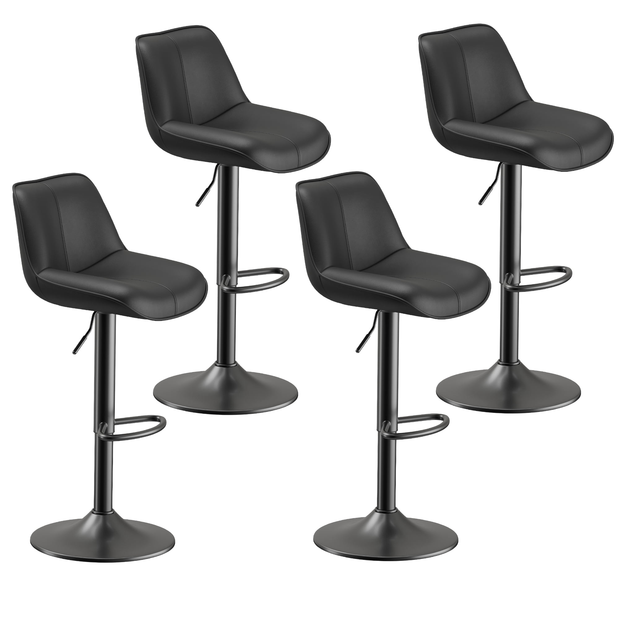 EOP Upholstered Bar Stools Set of 4, Adjustable Swivel Counter Height Bar Chairs with Backrest, Modern PU Leather Counter Stools for Bar, Kitchen, Dining Room, Black