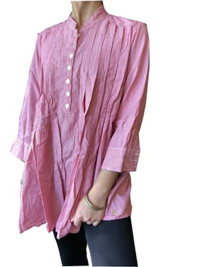 Mogul Women Bohemian Blouse, Cotton Pink stripe design Gypsy Chic Top, Summer handmade Boho Shirt M