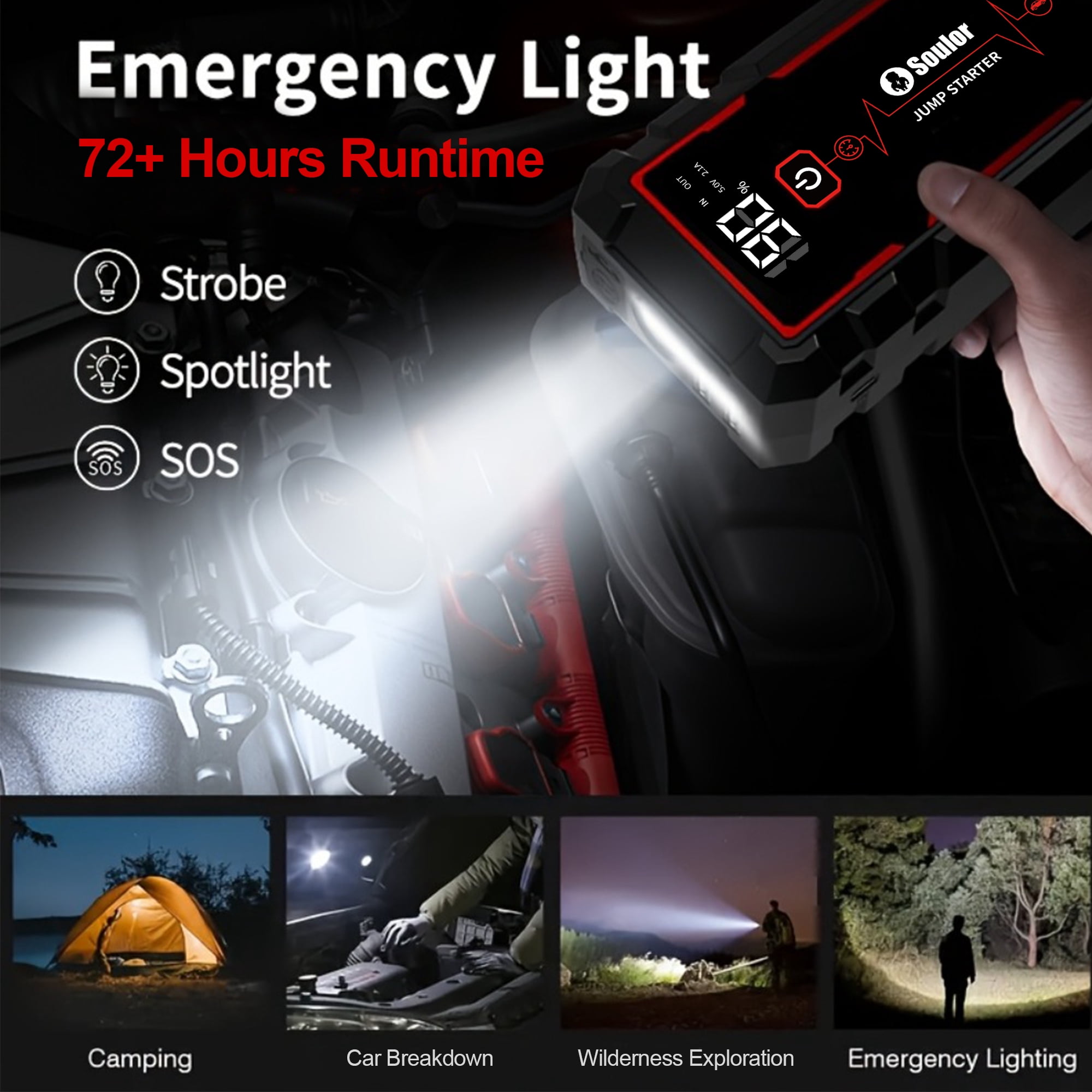 Jump Starter 3000A for 8.0L Gas 4.0L Diesel 12V Lithium Jump Box, Portable Power Bank with Emergency Light