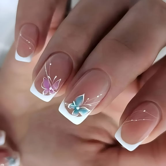 RAGUPEL 24pcs/set Pink Butterfly Press On Nails Medium Square White French Tip Fake Nails Glossy Stripe Acrylic Nails Elegant Style Full Cover Glue On Nails For Women Girls Manicure Decorations
