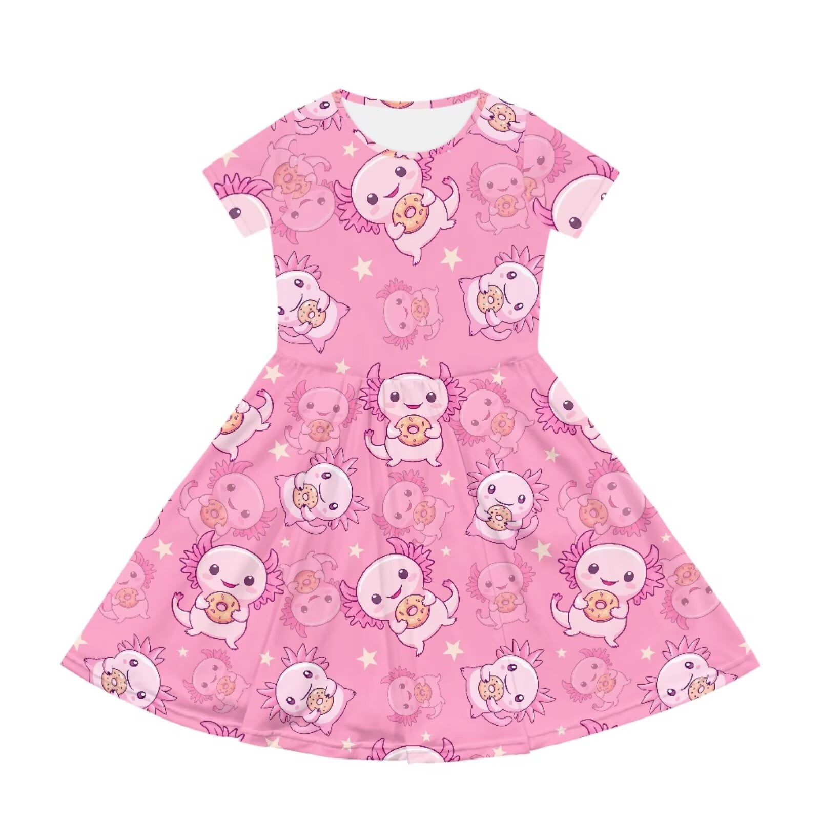Uourmeti Girls Axolotl Short Sleeve Dress Size 10-12 Summer Soft Crew Neck Midi Dresses Lightweight Loose Swing Dress with Pockets
