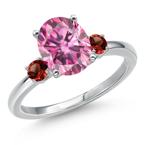 Gem Stone King 14K White Gold Pink Moissanite and Red Garnet Engagement Ring for Women | 3.12 Cttw | Oval 10X8MM | Gemstone Birthstone | Size 7