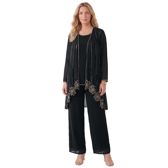 Roaman's Women's Plus Size Plus-Size Long Sleeve Floral Beaded Georgette Three-Piece Pant Set