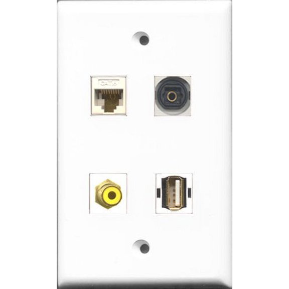RiteAV 1 Port RCA Yellow and 1 Port USB A-A and 1 Port Toslink and 1 Port Cat6 Ethernet White Wall Plate