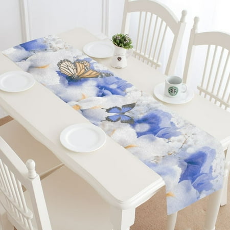 

MYPOP Butterfly Flowers Table Runner Home Decor 14x72 Inch Blue Butterfly Floral Table Cloth Runner for Wedding Party Banquet Decoration