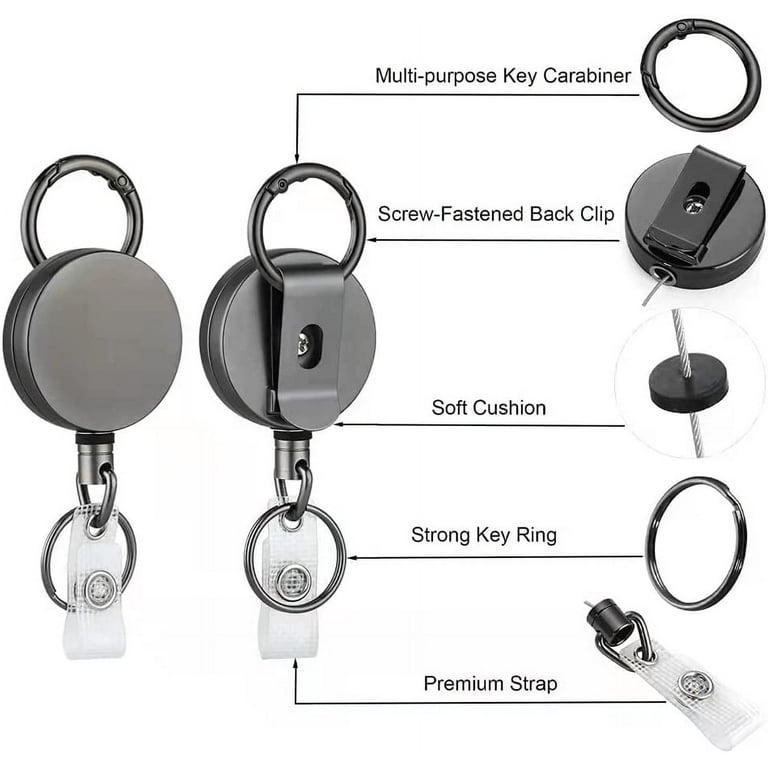 Heavy Duty Badge Reels Retractable Badge Holders with Belt Clip Key Ring,  Metal ID Card Holder Carabiner Keychain Ring for Name Badge Clips, 27.5  Inch Strong Dyneema Pull Cord 