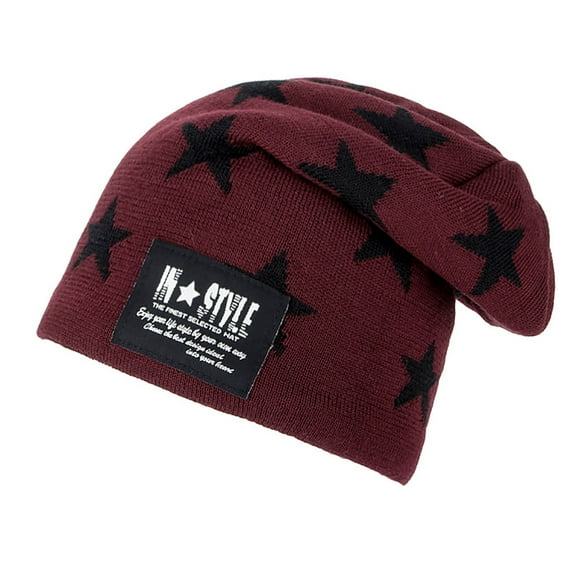 Gpaecead Winter Beanie for Men, Fleece Lined Beanie Soft Warm Knit Hat Small Five Pointed Star Print Cap Free Size Wine
