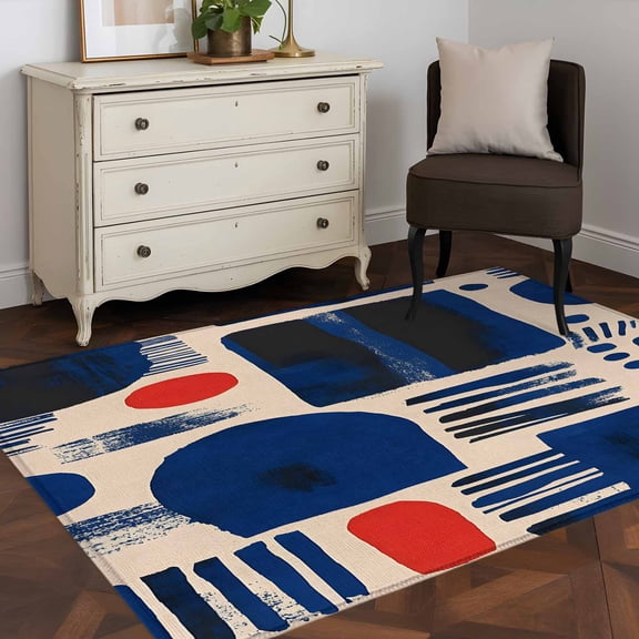 3'x5' Area Rugs, Blue Red Color Block Indoor Outdoor Area Rug for Living Room Bedroom, Modern Abstract Geometric Washable Bathroom Rugs Kitchen Floor Carpet Mats Home Decor Aesthetic