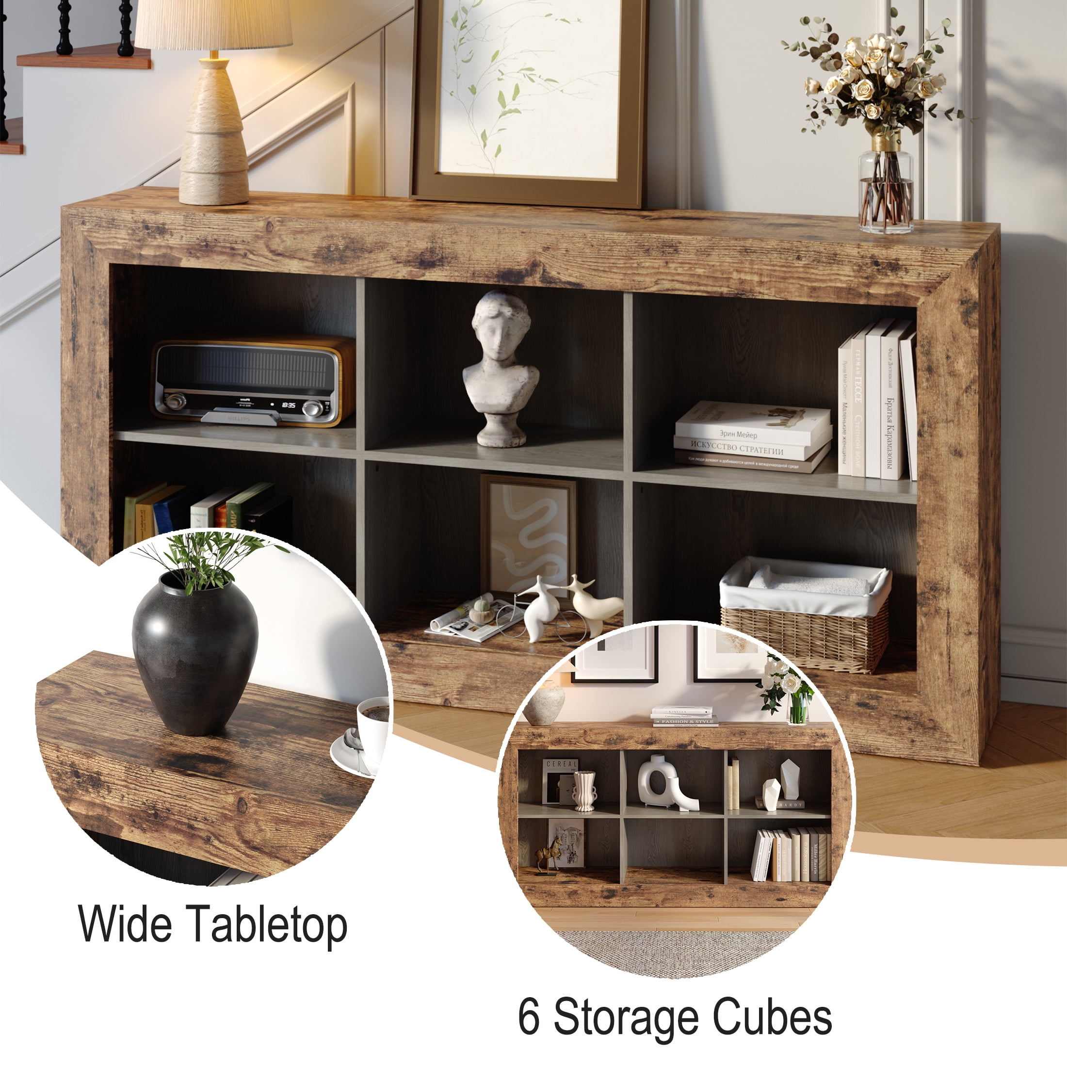 Gelloan 63-Inch Long Sofa Console Table, Rustic Wood Entryway Table with 6 Storage Cubes for Living Room, Hallway, Behind Couch,Brown