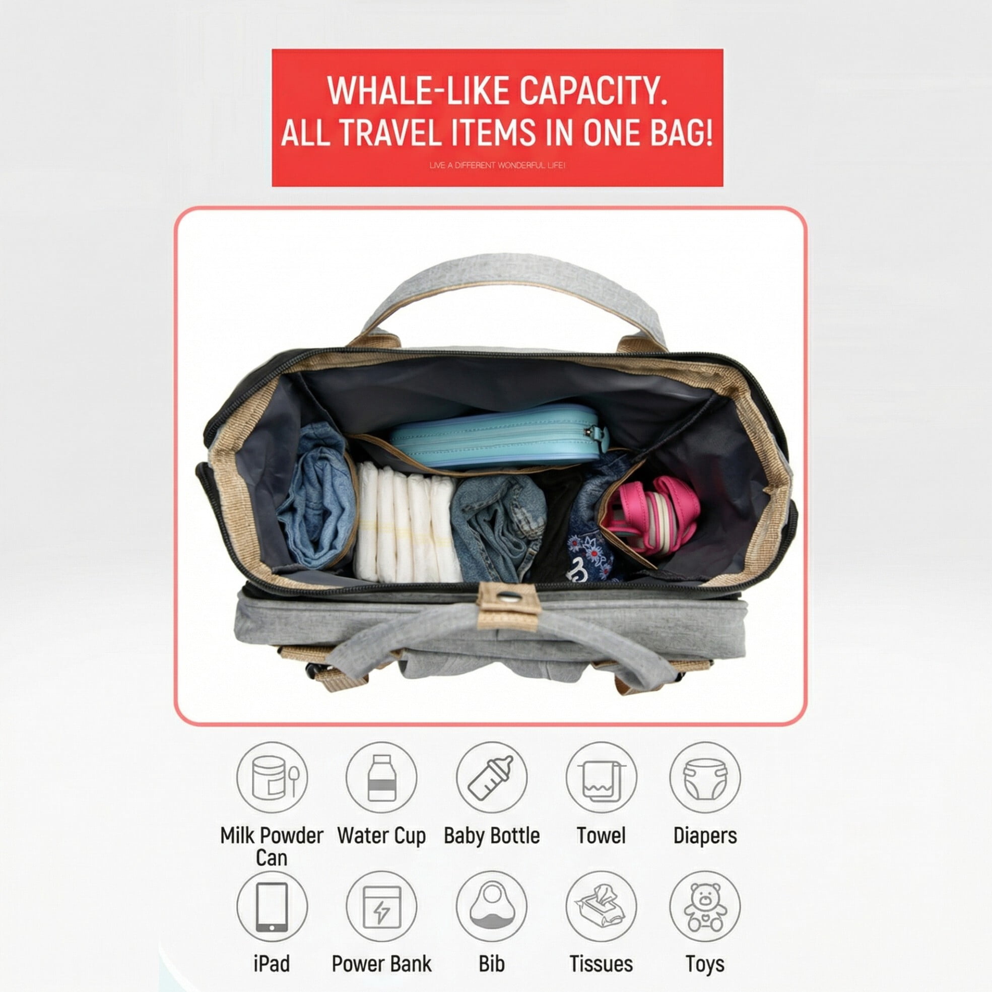 Baby diaper bag, backpack-style diaper bag, with changing pad and USB charging port, the perfect baby christening gift for mom.