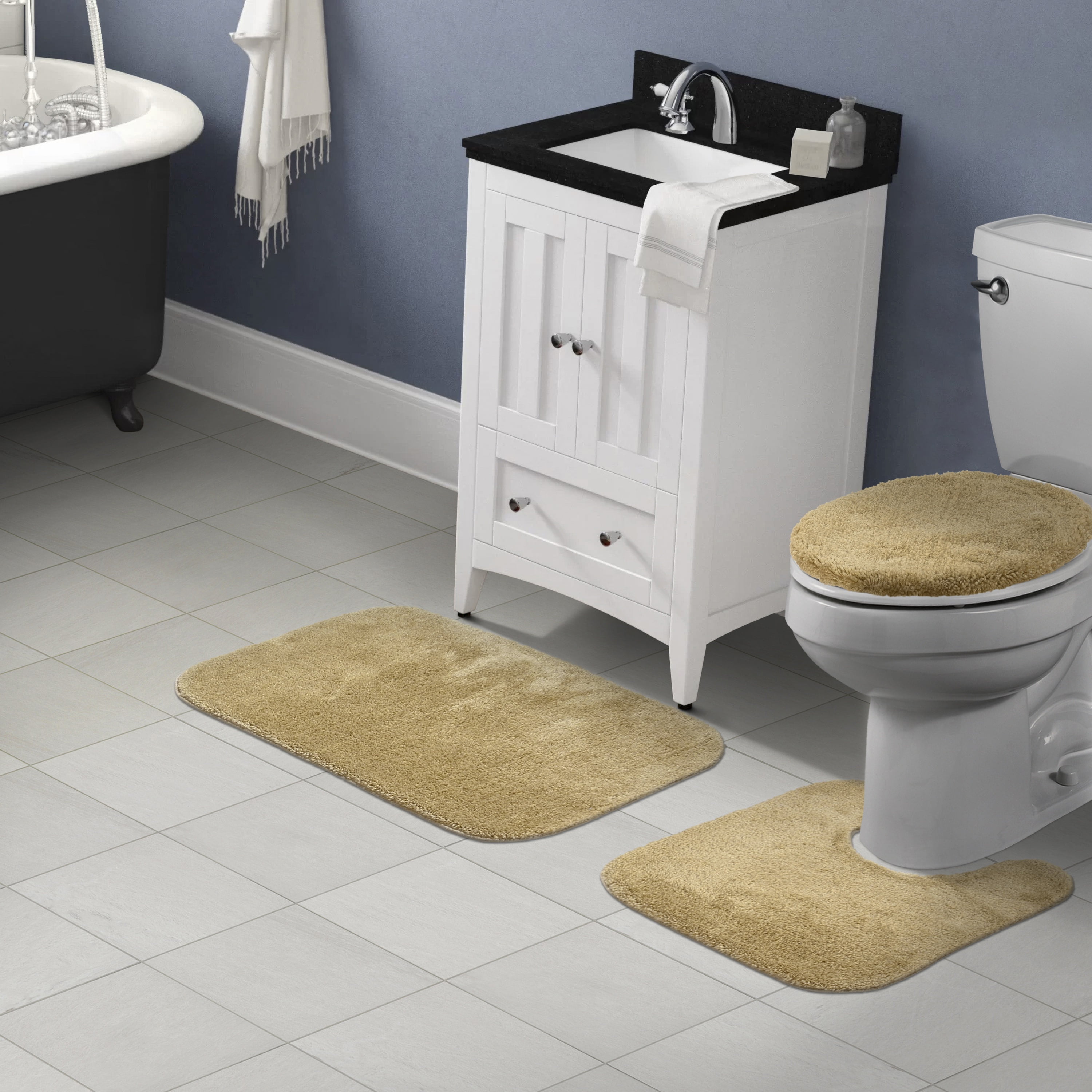 Garland Rug Traditional Washable Bath Rug Set, 3 Piece Set (21"x34" Bath Rug, Contour Rug, & Toilet Lid) Linen