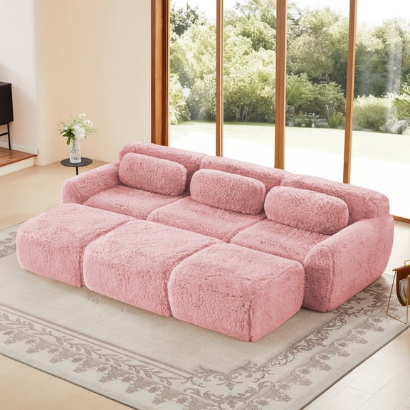 Aukfa 115" Faux Fur Modular Sectional Sofa, 6-Piece Deep Seat Chaise Lounge Couch with 3 Ottomans, Pink