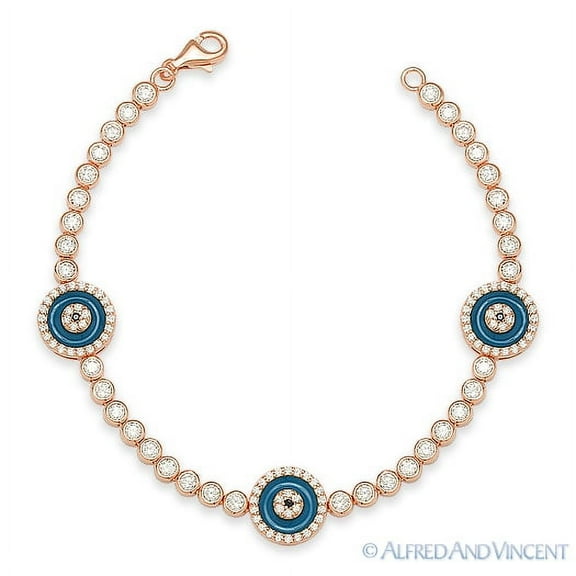 Evil Eye Triple Circle Luck Charm Cubic Zirconia & Enamel Bracelet in .925 Sterling Silver