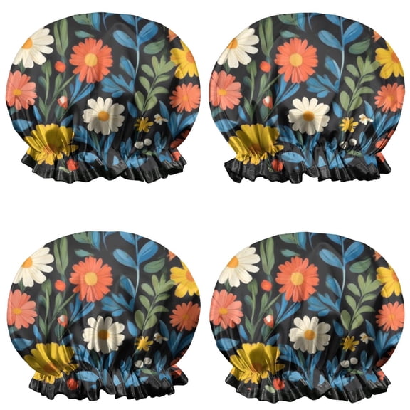 Shower Caps,Pioneer Flower Floral Print Pattern Waterproof Shower Cap for Women 4 Pieces,Double Reusable Hair Cover for Shower PEVA Elastic Stretch Hem