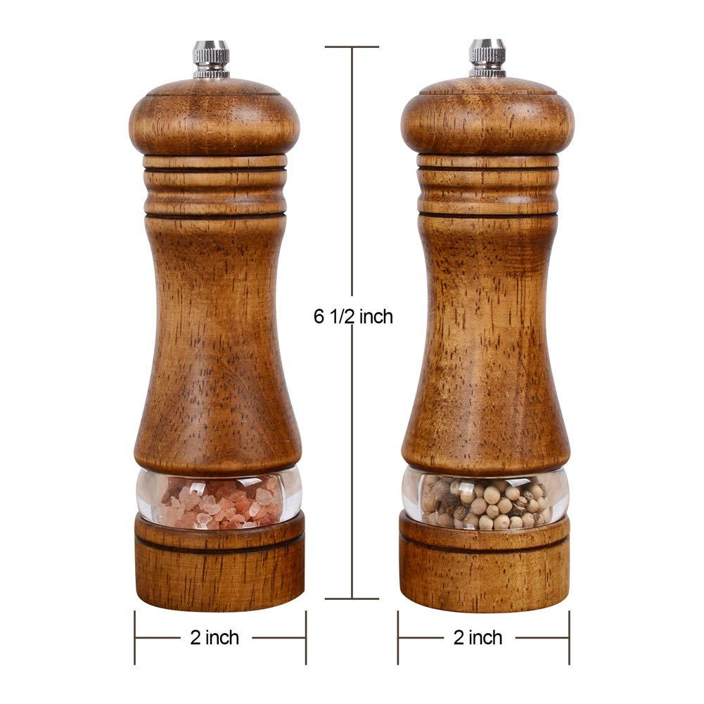 Wooden salt and pepper grinder, suitable for barbecue and kitchen utensils, adjustable ceramic grinder -6.5 inches, 2-piece set