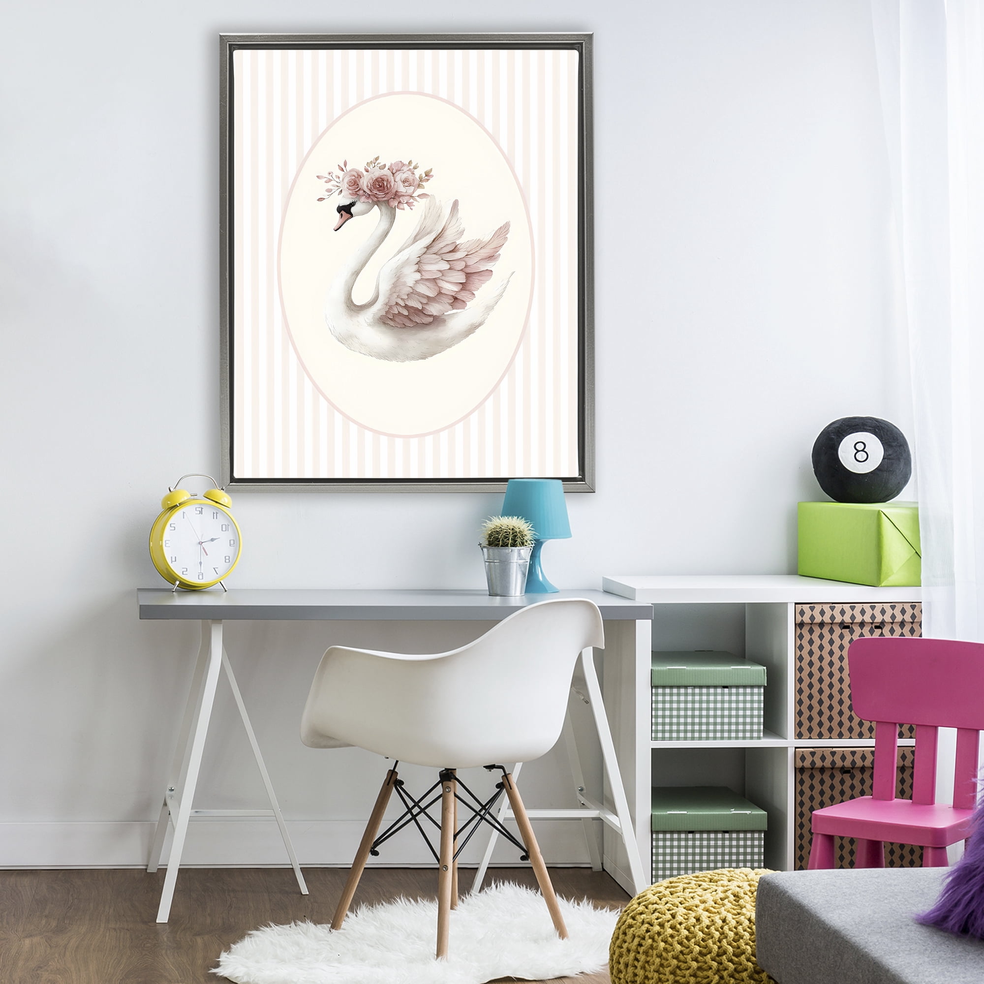 Stupell Industries Nursery Ballerina Swan Striped Gray Framed Floater Canvas Wall Art, design by LSR Design Studio