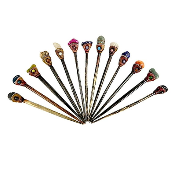 Assorted Natural Tumbled Healing Gemstone Crystal Wooden Hair Stick Sets - Wholesale Womens Fashion Handmade Gifts Boho Reiki Accessories