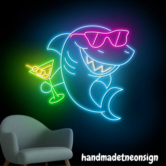 Handmadetneonsign Shark Drinking Margarita Neon Sign, Cocktail Wall Art Decor, Bar Pub Wall Decor 67975