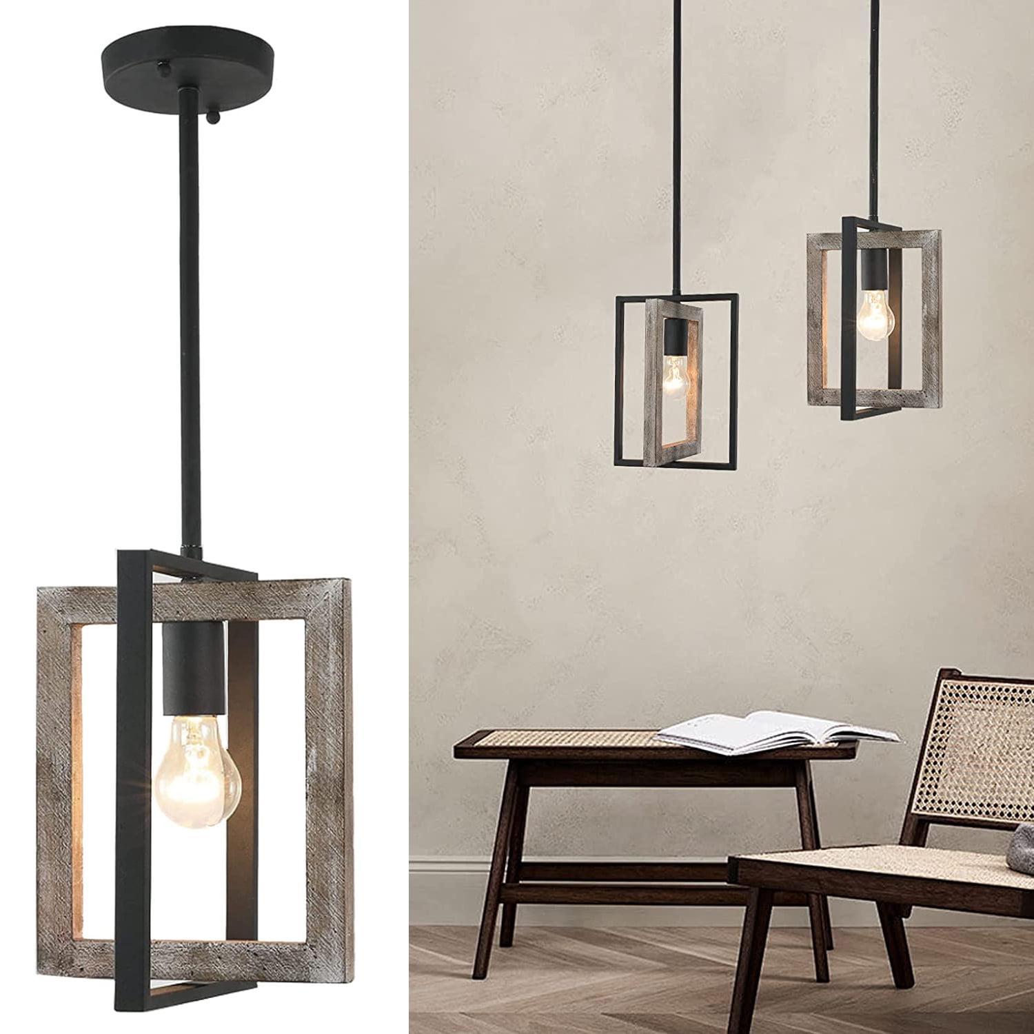 TOMIYA 1 Light Wood & Metal Farmhouse Chandelier Pendant Lighting for
