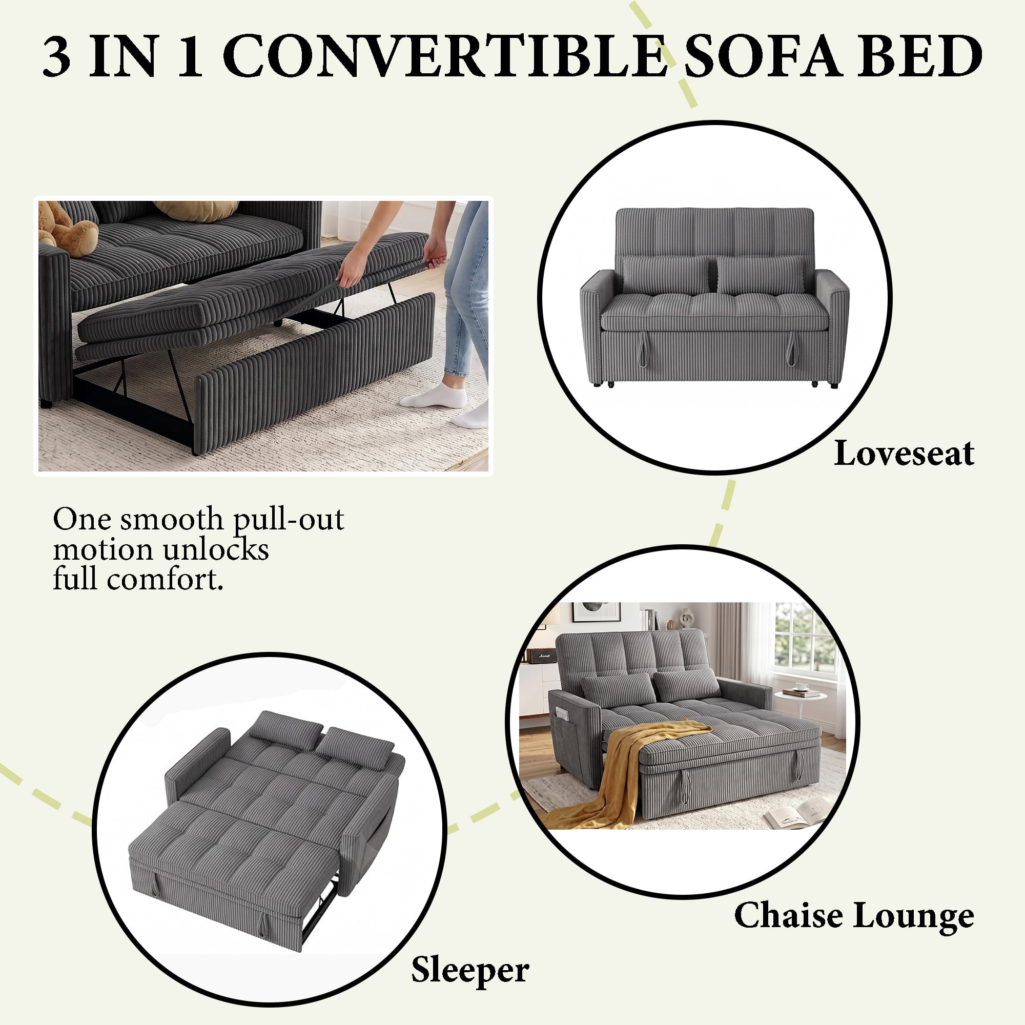 WAKEFIT 54" Pull-Out Sleeper Sofa Bed,3-in-1 Convertible Loveseat Couch with Adjustable Backrest for Small Living Room,Corduroy,Dark Gray