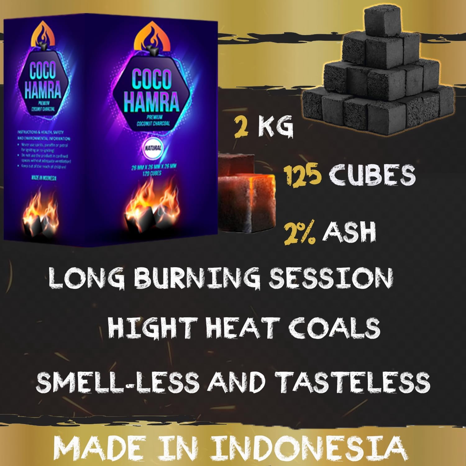 Coco Hamra* Natural Coconut Shell Charcoal Cube- 125 Pcs Multipurpose Coals BBQ - Made from Natural Coconut Incense Briquettes | Made in Indonesia | 26mm Charcoal Incense Cube| 2KG
