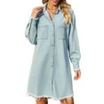 thumbnail image 2 of Women'S Vintage Washed Denim Loose Casual Long Sleeve Raw Edge Dress Light Blue L, 2 of 9
