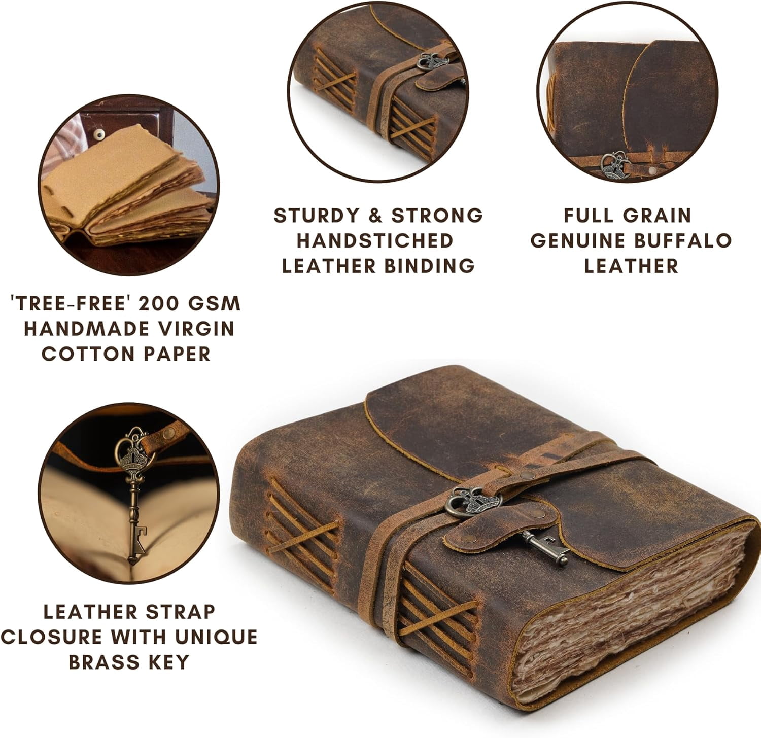 Vintage Leather Journal – 200 Handmade Deckle  Paper – Leather bound Notebook for Men Women – Vintage  Closure - Book of Shadows - Cappuccino Brown - 13X8 inches
