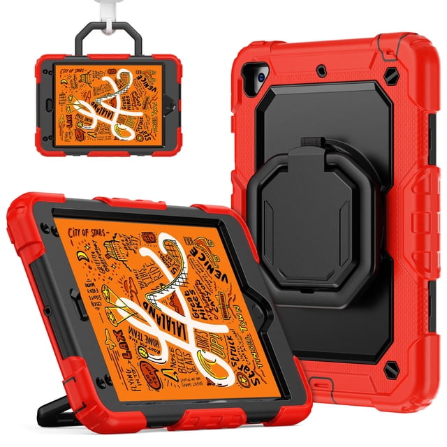 for iPad Mini 5th/4th Generation Case 7.9 inch 2019/2015, 360 Rotating Shockproof Cover with Stand, Handle, Shoulder Strap, Red