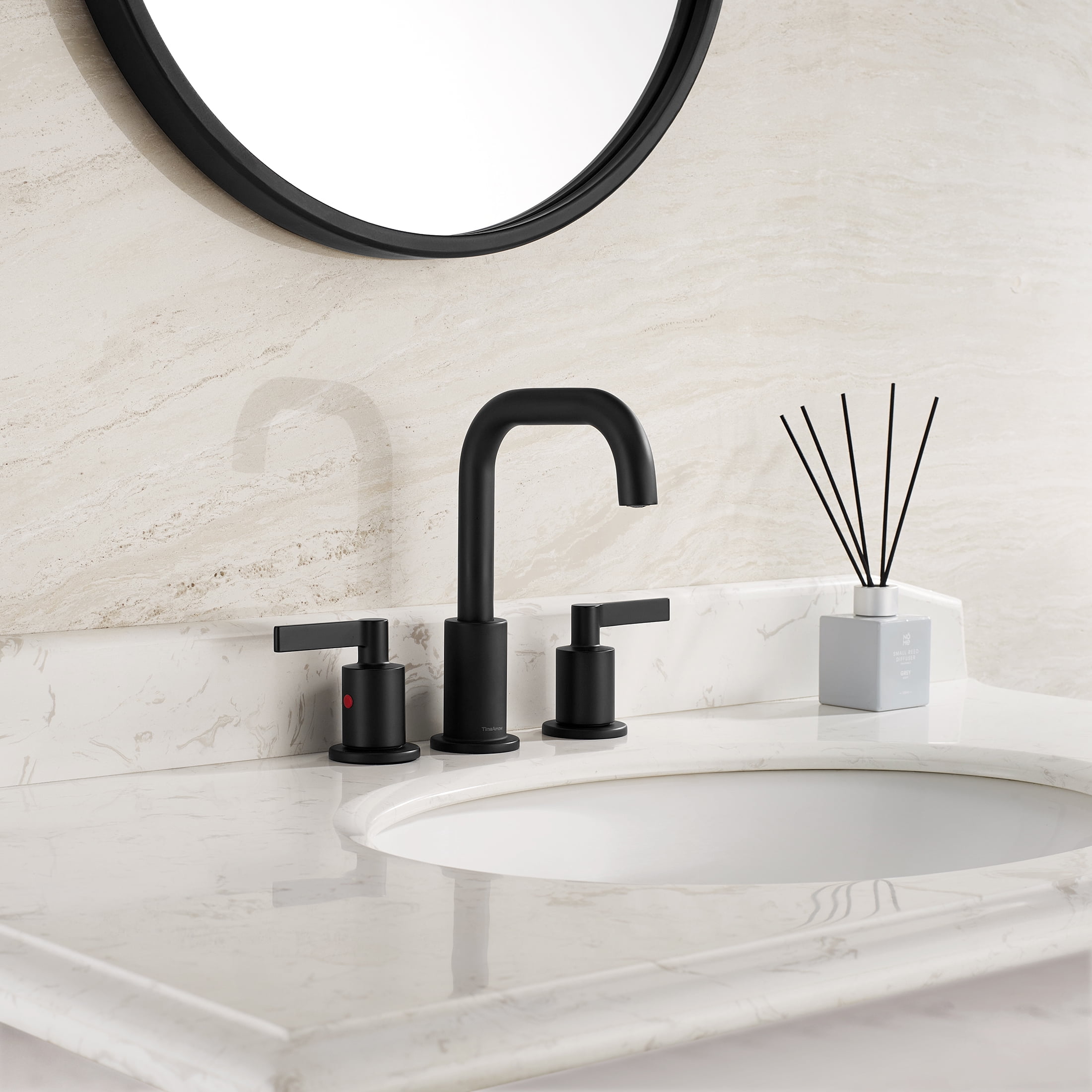 Matte Black 8 inch Widespread Bathroom Sink Faucet Vanity Lavatory Faucet for 3 Holes with Pop up Drain and 360 Degree Swivel Brass Spout