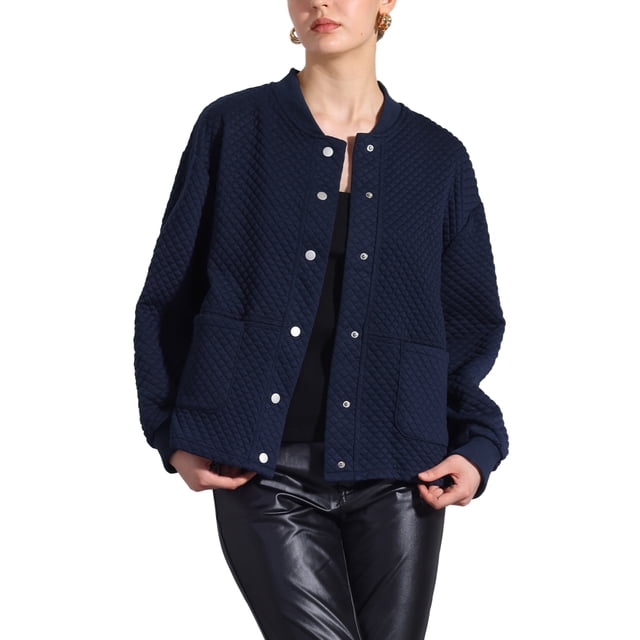 Chaqueta bomber ligera de botones de manga larga con cuello de pie para mujer INSPIRE CHIC, color azul profundo de otoño/invierno