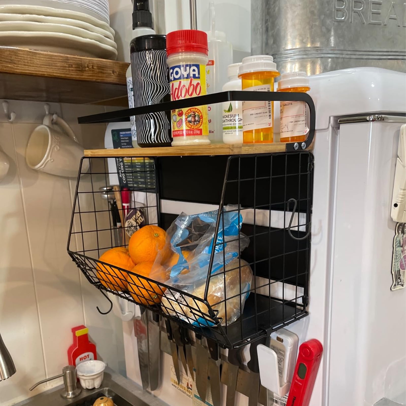 Auckpure Magnetic Shelf for Fridge with Wood Lid - 35 lbs Capacity, Large Storage Bins for Fruits, Vegetables, Spices | Rust-Proof Refrigerator Organizer, Space-Saving Kitchen & Pantry Storage