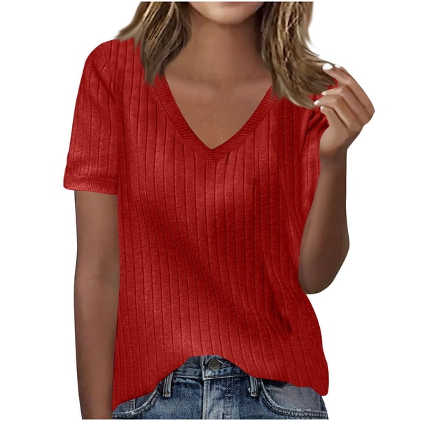 Camisas de Manga Larga Casual de las Mujeres Color Sólido Nuevo Cuello en V Tira Suelta Cepillada Camisa de Manga Corta