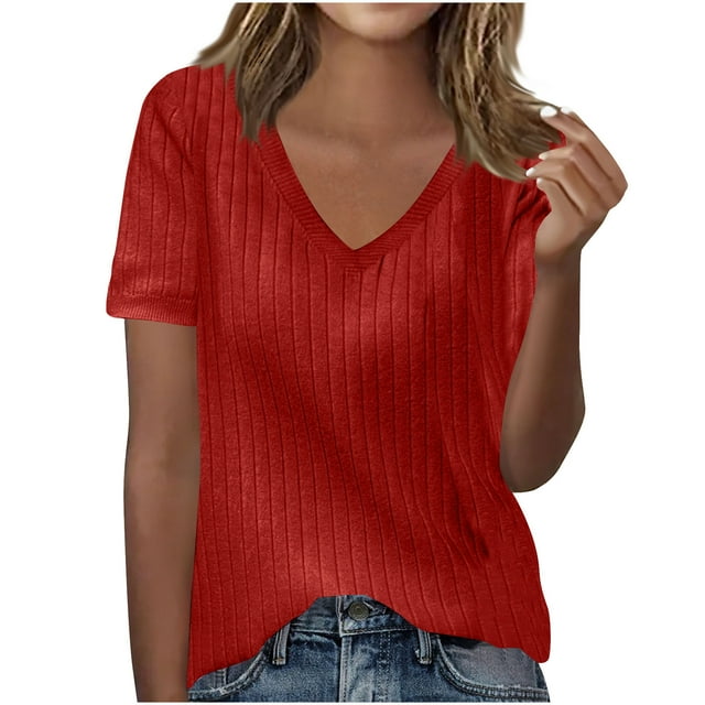 Dealovy Summer Tops for Women Casual V Neck Shirts Short Sleeve Tees Solid Color Ribbed Loose Dressy Blouses