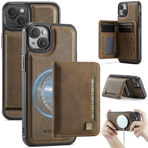 AutSpace Funda para Apple iPhone 15, Bloqueo RFID, Cuero PU, Compatible con MagSafe, Billetera Desmontable 2 en 1 con Tarjetero, Soporte, Cubierta Protectora Magnética, Marrón, para iPhone 15