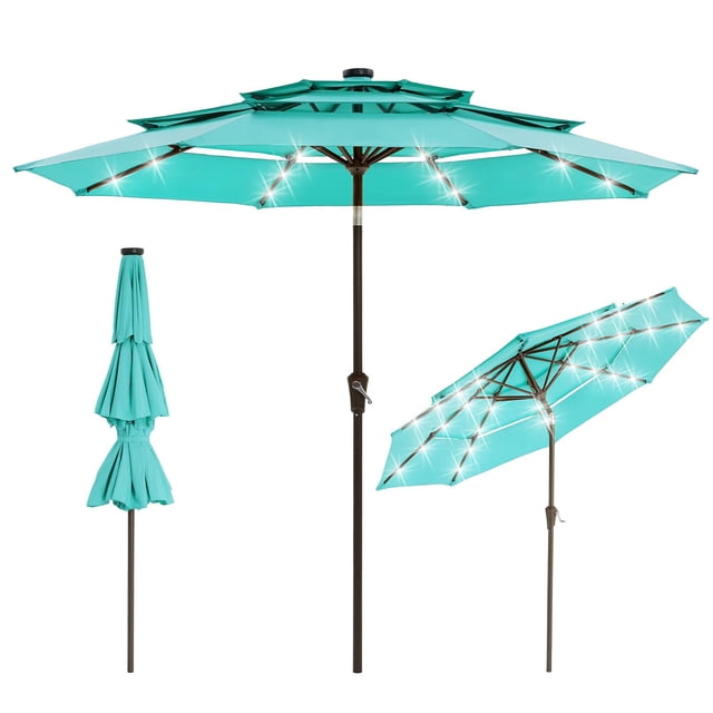 Parasol de Patio à 3 Niveaux de 10 Pi à DEL Solaires, Parasol de Marché Extérieur Ventilé avec Manivelle et Inclinaison Réglable, 8 Nervures Robustes Protection UV Auvent d'Ombre pour Terrasse Piscine Cour Arrière Jardin
