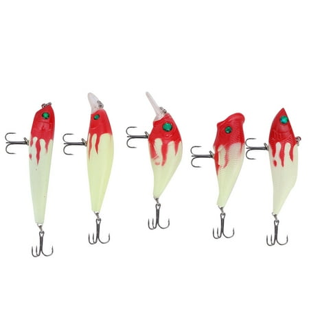 5PCS Luminous Red Head White Body Fish Bait - Popper Chubby Minnow Pencil VIB with Tackle Storage Box