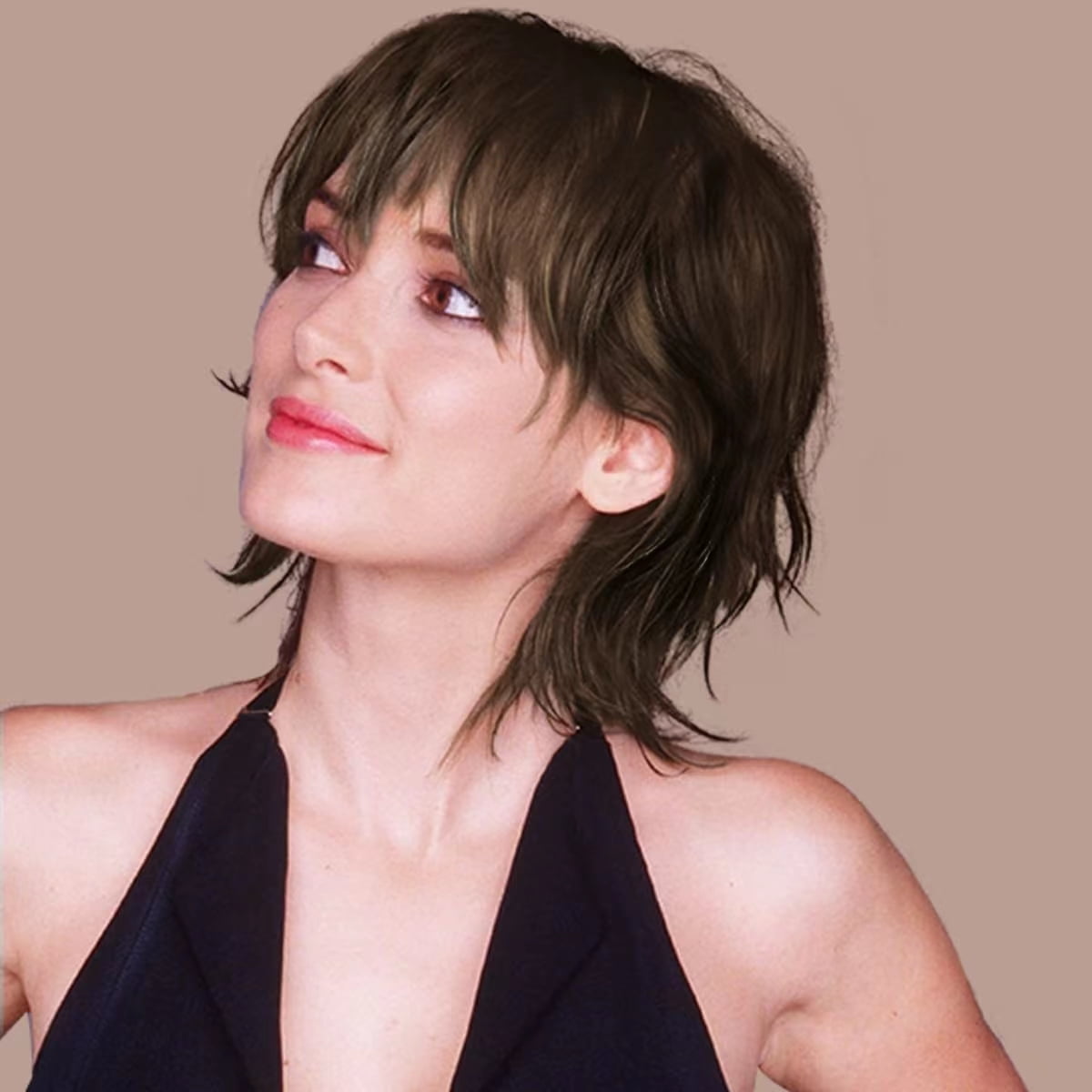 QUEENTAS Short Brown Wigs for  Women Synthetic Mullet Wig Brown Wig with Bangs Glueless Short Wigs Dark Brown Wig